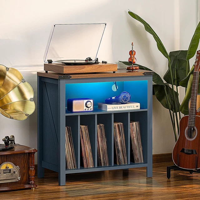 Alt view image 4 of 4 - Large Record Player Stand with Charging Station & LED Lights, Vinyl Records Storage Holder Cabinet Holds up to 230 Albums, Turntable Stand for Music Room, Bedroom, Living Room, Office (Black) Blue
