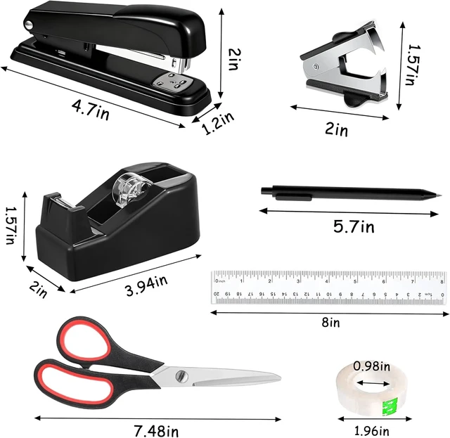 Alt view image 2 of 5 - Office Desk Accessories, Black Office Supplies Accessories with Tape Dispenser, Stapler, Staple Remover, 1000 Staples, Tape, Clips Set, Ruler, Scissor, Pen