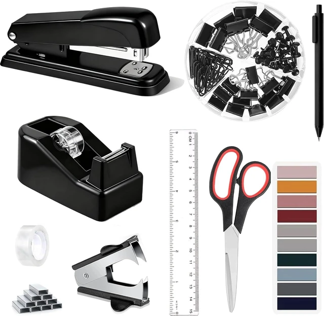 Main image of Office Desk Accessories, Black Office Supplies Accessories with Tape Dispenser, Stapler, Staple Remover, 1000 Staples, Tape, Clips Set, Ruler, Scissor, Pen
