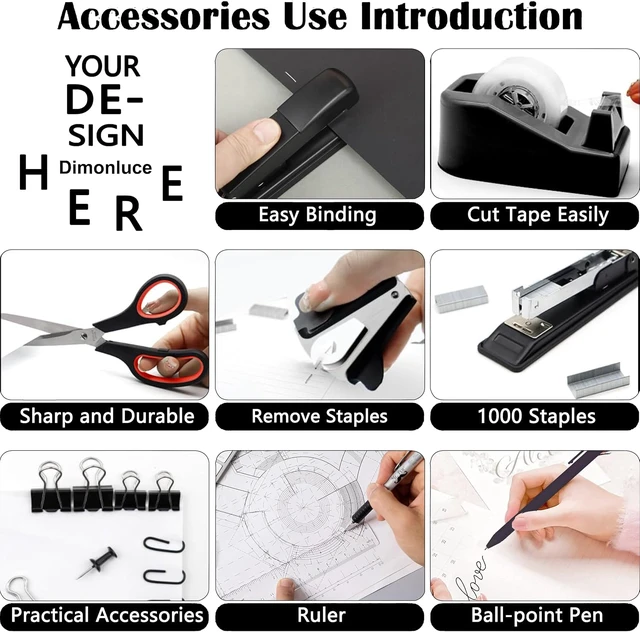 Alt view image 3 of 5 - Office Desk Accessories, Black Office Supplies Accessories with Tape Dispenser, Stapler, Staple Remover, 1000 Staples, Tape, Clips Set, Ruler, Scissor, Pen