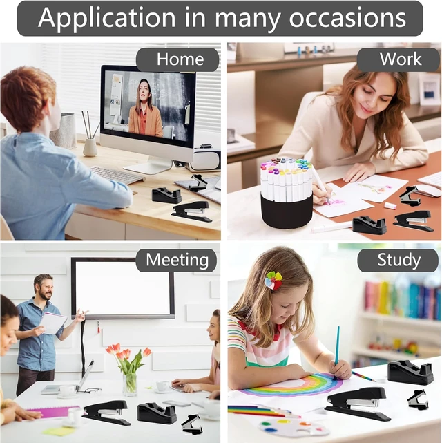 Alt view image 5 of 5 - Office Desk Accessories, Black Office Supplies Accessories with Tape Dispenser, Stapler, Staple Remover, 1000 Staples, Tape, Clips Set, Ruler, Scissor, Pen