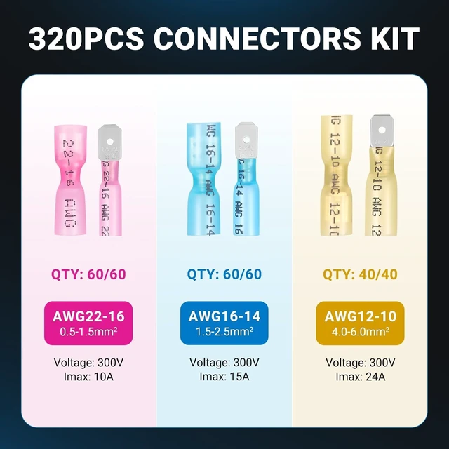 Alt view image 7 of 7 - 320PCS Heat Shrink Spade Connectors, 22-10 AWG Male & Female Terminal Kit 320PCS Waterproof Heat Shrink Spade Connectors, 22-10 AWG Male & Female Quick Disconnect Terminals for Marine & Auto Wiring