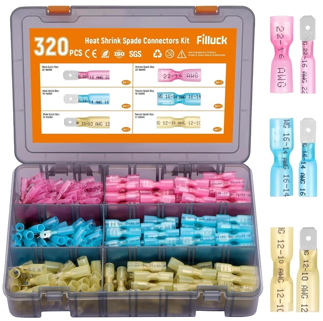 Main image of 320PCS Heat Shrink Spade Connectors, 22-10 AWG Male & Female Terminal Kit 320PCS Waterproof Heat Shrink Spade Connectors, 22-10 AWG Male & Female Quick Disconnect Terminals for Marine & Auto Wiring