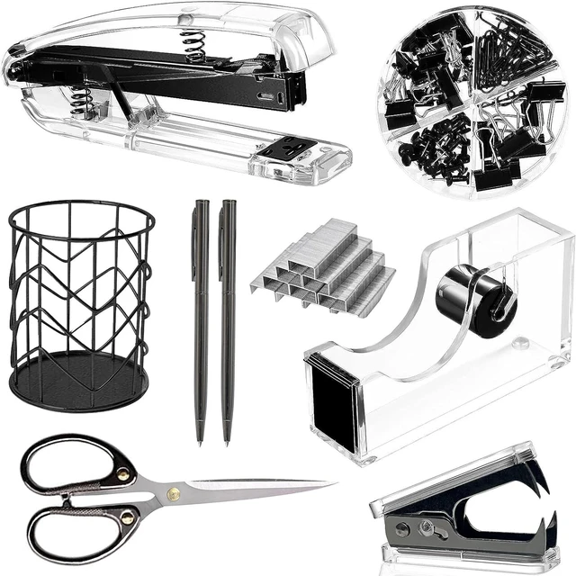 Main image of Office Desk Accessories,Office Supplies Set Acrylic Stapler Set Staple Remover, Tape Holder, Pen Holder, 2 Ballpoint Pen, Scissor, Binder Clips, Paper Clips and 1000pcs Staples(Black)