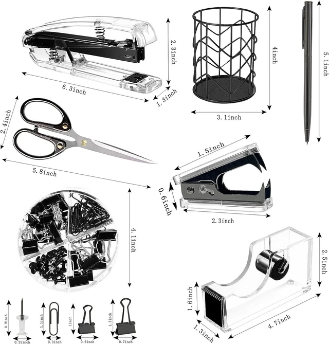 Alt view image 2 of 7 - Office Desk Accessories,Office Supplies Set Acrylic Stapler Set Staple Remover, Tape Holder, Pen Holder, 2 Ballpoint Pen, Scissor, Binder Clips, Paper Clips and 1000pcs Staples(Black)