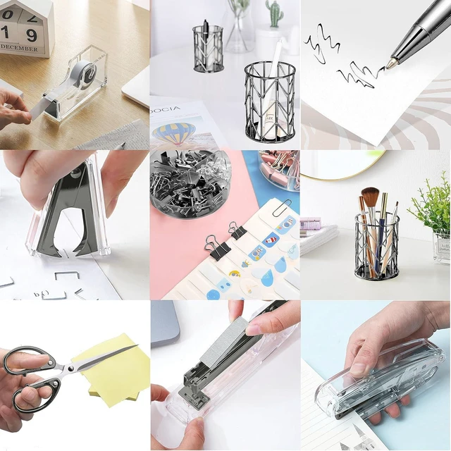 Alt view image 4 of 7 - Office Desk Accessories,Office Supplies Set Acrylic Stapler Set Staple Remover, Tape Holder, Pen Holder, 2 Ballpoint Pen, Scissor, Binder Clips, Paper Clips and 1000pcs Staples(Black)