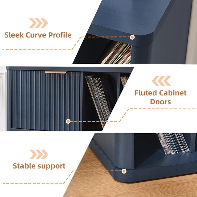 Alt view image 6 of 7 - Large Record Player Stand with Vinyl Storage, 39.5" Modern Wood Records Storage Cabinet for Speakers, Mid Century Turntable Stand with Fluted Doors, Media Holder for Home, Dark Navy Blue