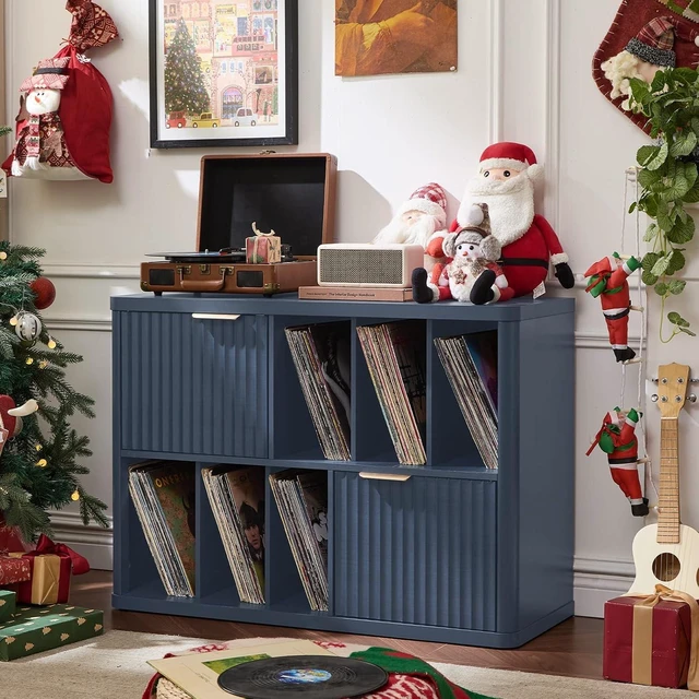 Main image of Large Record Player Stand with Vinyl Storage, 39.5" Modern Wood Records Storage Cabinet for Speakers, Mid Century Turntable Stand with Fluted Doors, Media Holder for Home, Dark Navy Blue