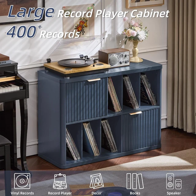 Alt view image 5 of 7 - Large Record Player Stand with Vinyl Storage, 39.5" Modern Wood Records Storage Cabinet for Speakers, Mid Century Turntable Stand with Fluted Doors, Media Holder for Home, Dark Navy Blue