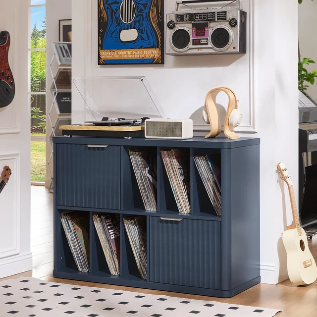 Alt view image 7 of 7 - Large Record Player Stand with Vinyl Storage, 39.5" Modern Wood Records Storage Cabinet for Speakers, Mid Century Turntable Stand with Fluted Doors, Media Holder for Home, Dark Navy Blue