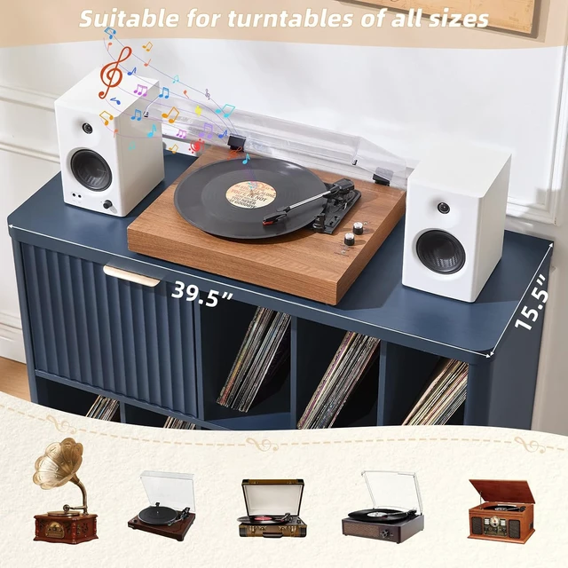 Alt view image 4 of 7 - Large Record Player Stand with Vinyl Storage, 39.5" Modern Wood Records Storage Cabinet for Speakers, Mid Century Turntable Stand with Fluted Doors, Media Holder for Home, Dark Navy Blue
