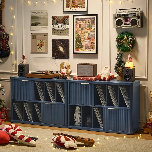 Alt view image 3 of 7 - Large Record Player Stand with Vinyl Storage, 39.5" Modern Wood Records Storage Cabinet for Speakers, Mid Century Turntable Stand with Fluted Doors, Media Holder for Home, Dark Navy Blue