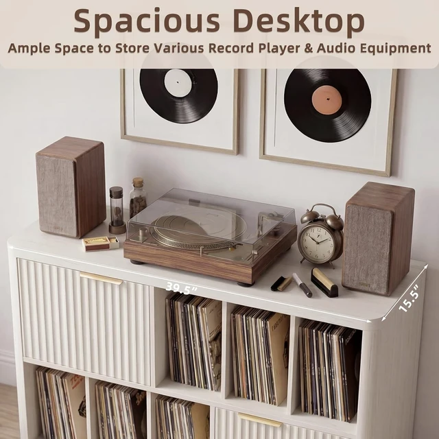 Alt view image 5 of 7 - Large Record Player Stand with Vinyl Storage, 39.5" Modern Wood Records Storage Cabinet for Speakers, Mid Century Turntable Stand with Fluted Doors, Media Holder for Home, Antique White