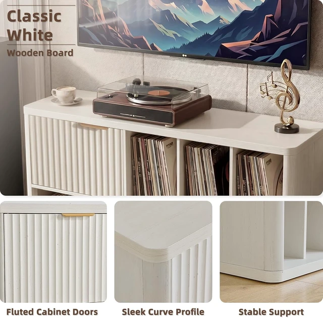 Alt view image 7 of 7 - Large Record Player Stand with Vinyl Storage, 39.5" Modern Wood Records Storage Cabinet for Speakers, Mid Century Turntable Stand with Fluted Doors, Media Holder for Home, Antique White