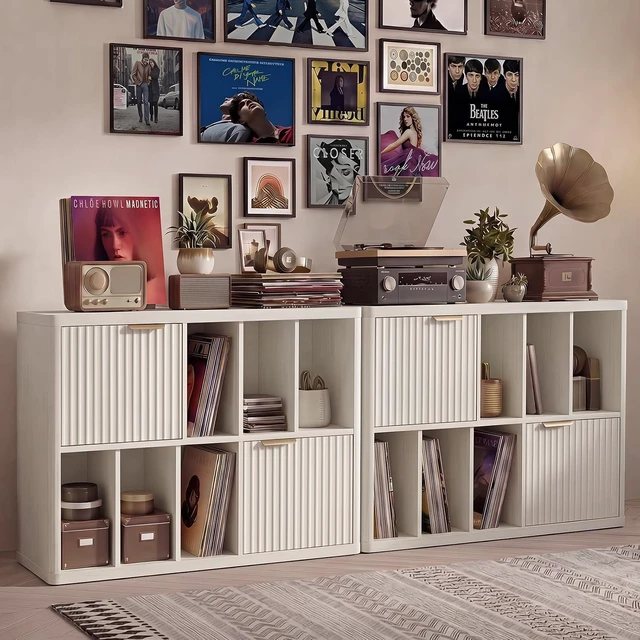 Alt view image 3 of 7 - Large Record Player Stand with Vinyl Storage, 39.5" Modern Wood Records Storage Cabinet for Speakers, Mid Century Turntable Stand with Fluted Doors, Media Holder for Home, Antique White