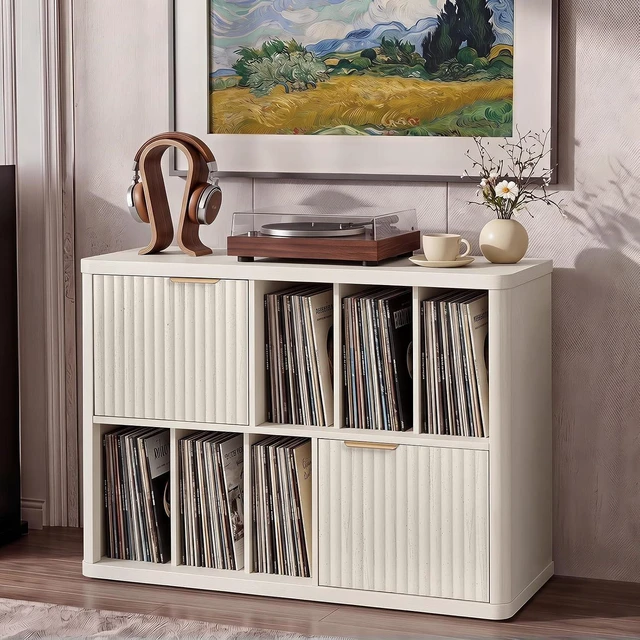 Main image of Large Record Player Stand with Vinyl Storage, 39.5" Modern Wood Records Storage Cabinet for Speakers, Mid Century Turntable Stand with Fluted Doors, Media Holder for Home, Antique White