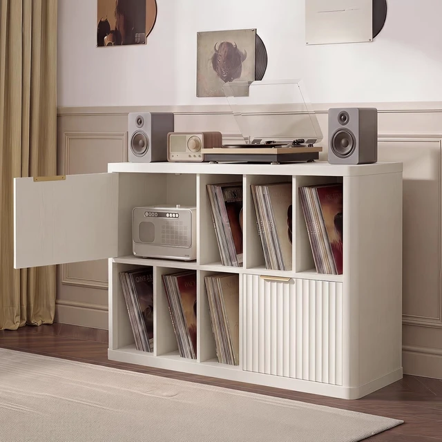 Alt view image 4 of 7 - Large Record Player Stand with Vinyl Storage, 39.5" Modern Wood Records Storage Cabinet for Speakers, Mid Century Turntable Stand with Fluted Doors, Media Holder for Home, Antique White