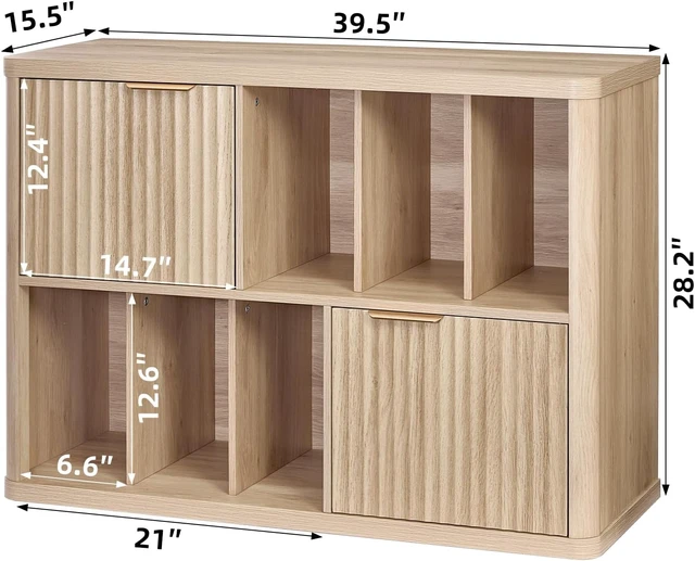 Alt view image 2 of 7 - Large Record Player Stand with Vinyl Storage, 39.5" Modern Wood Records Storage Cabinet for Speakers, Mid Century Turntable Stand with Fluted Doors, Media Holder for Home, Natural Oak