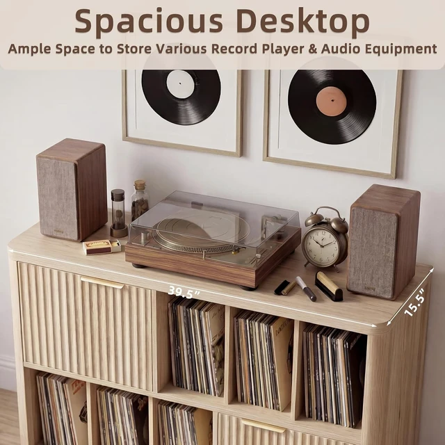 Alt view image 5 of 7 - Large Record Player Stand with Vinyl Storage, 39.5" Modern Wood Records Storage Cabinet for Speakers, Mid Century Turntable Stand with Fluted Doors, Media Holder for Home, Natural Oak