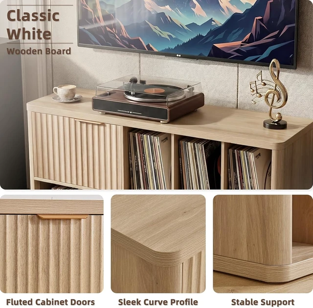 Alt view image 4 of 7 - Large Record Player Stand with Vinyl Storage, 39.5" Modern Wood Records Storage Cabinet for Speakers, Mid Century Turntable Stand with Fluted Doors, Media Holder for Home, Natural Oak