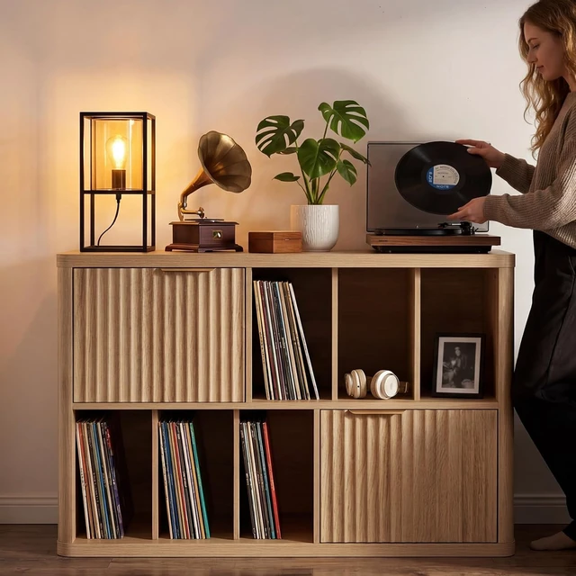 Alt view image 3 of 7 - Large Record Player Stand with Vinyl Storage, 39.5" Modern Wood Records Storage Cabinet for Speakers, Mid Century Turntable Stand with Fluted Doors, Media Holder for Home, Natural Oak