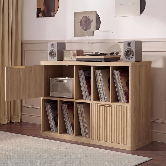 Alt view image 7 of 7 - Large Record Player Stand with Vinyl Storage, 39.5" Modern Wood Records Storage Cabinet for Speakers, Mid Century Turntable Stand with Fluted Doors, Media Holder for Home, Natural Oak