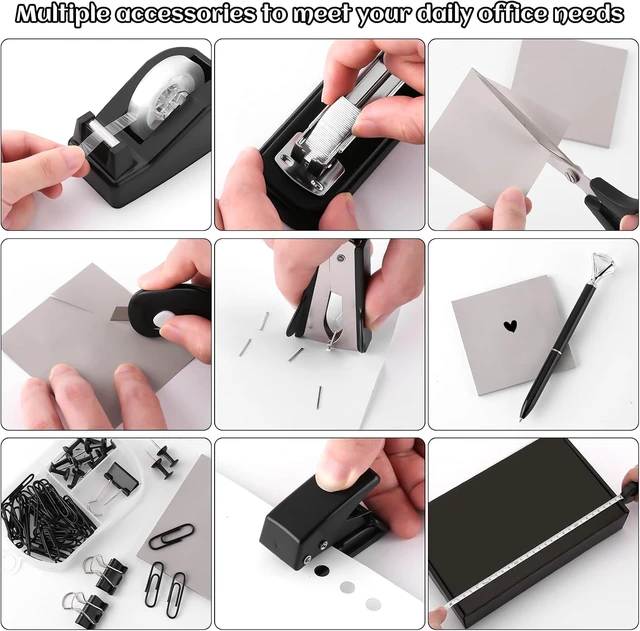 Alt view image 6 of 7 - Black Desk Accessory Kit Cute Office Supplies Set Desktop Stapler Set Includes Staple Remover Hole Punch Tape Dispenser Ballpoint Pen Scissor Mini Box Cutter Tape Measure Paper Clips Sticky Notes