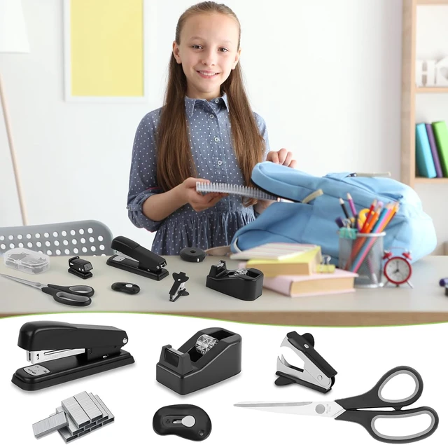 Alt view image 5 of 7 - Black Desk Accessory Kit Cute Office Supplies Set Desktop Stapler Set Includes Staple Remover Hole Punch Tape Dispenser Ballpoint Pen Scissor Mini Box Cutter Tape Measure Paper Clips Sticky Notes
