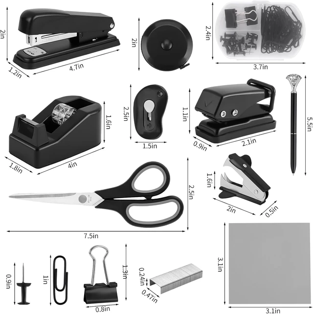 Alt view image 2 of 7 - Black Desk Accessory Kit Cute Office Supplies Set Desktop Stapler Set Includes Staple Remover Hole Punch Tape Dispenser Ballpoint Pen Scissor Mini Box Cutter Tape Measure Paper Clips Sticky Notes