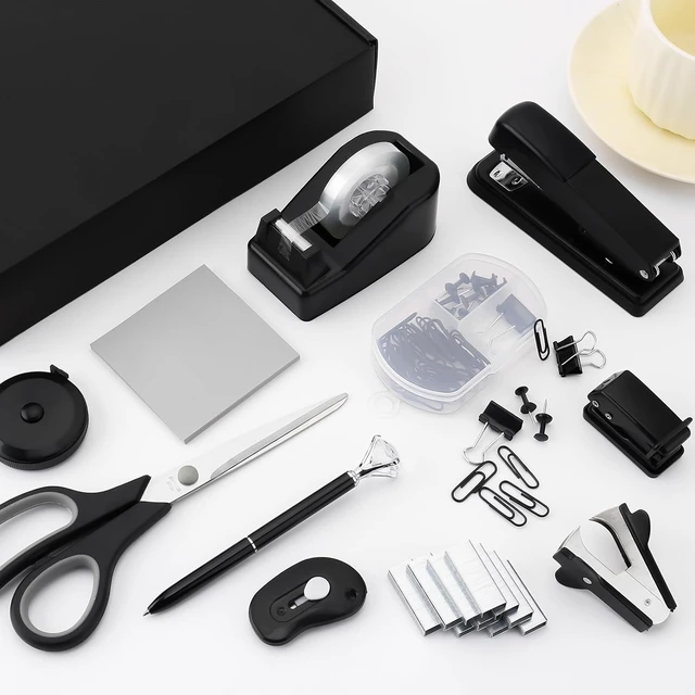 Alt view image 3 of 7 - Black Desk Accessory Kit Cute Office Supplies Set Desktop Stapler Set Includes Staple Remover Hole Punch Tape Dispenser Ballpoint Pen Scissor Mini Box Cutter Tape Measure Paper Clips Sticky Notes