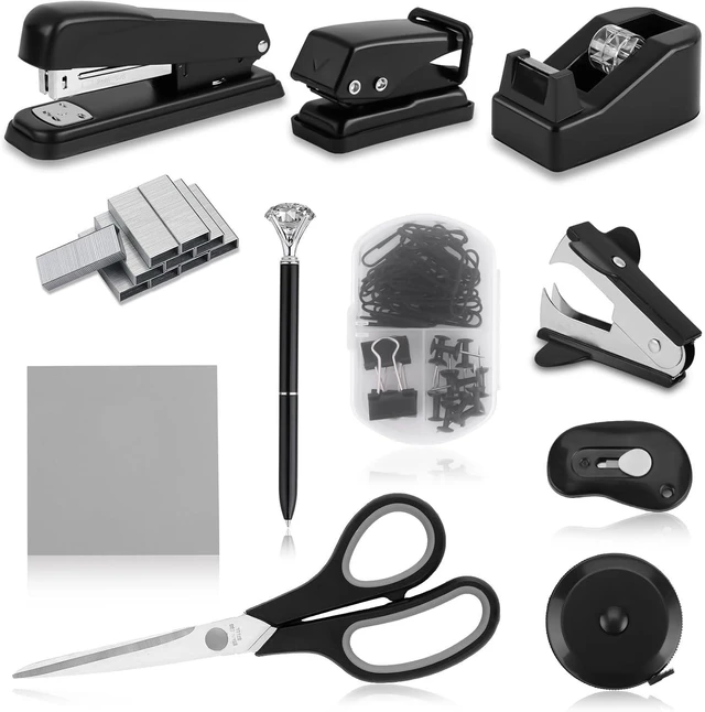 Main image of Black Desk Accessory Kit Cute Office Supplies Set Desktop Stapler Set Includes Staple Remover Hole Punch Tape Dispenser Ballpoint Pen Scissor Mini Box Cutter Tape Measure Paper Clips Sticky Notes