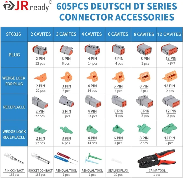 Alt view image 7 of 7 - ST6316 DT Deutsch Connector Kit, 2,3,4,6,8,12 Pin Connector, Deutsch Crimp Tool (ACT-LY-16DT), Size 16 Stamped Contacts, Deutsch pin Kit