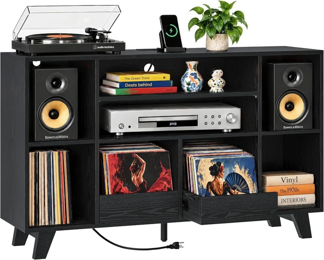 Main image of Record Player Stand with 2 Drawers, 55" Holds 550+ Albums, Large Turntable Stand with Charging Station, Mid Century Modern Record Player Table for Living Room & Entertainment Room