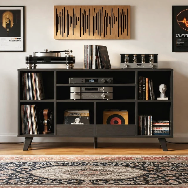 Alt view image 6 of 6 - Record Player Stand with 2 Drawers, 55" Holds 550+ Albums, Large Turntable Stand with Charging Station, Mid Century Modern Record Player Table for Living Room & Entertainment Room