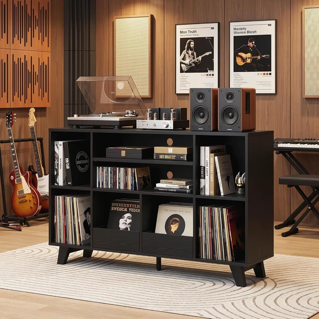 Alt view image 5 of 6 - Record Player Stand with 2 Drawers, 55" Holds 550+ Albums, Large Turntable Stand with Charging Station, Mid Century Modern Record Player Table for Living Room & Entertainment Room