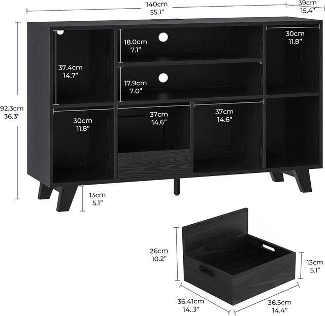 Alt view image 2 of 6 - Record Player Stand with 2 Drawers, 55" Holds 550+ Albums, Large Turntable Stand with Charging Station, Mid Century Modern Record Player Table for Living Room & Entertainment Room