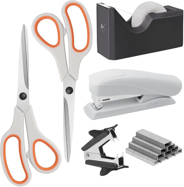 Main image of Office Supplies Kit, Desk Accessory Set, Including 2 Scissors, 1 Stapler,1000 Pieces 26/6 Staples, 1 Staple Remover, 1 Tape Dispenser and 1 Tape, Perfect Office Partners