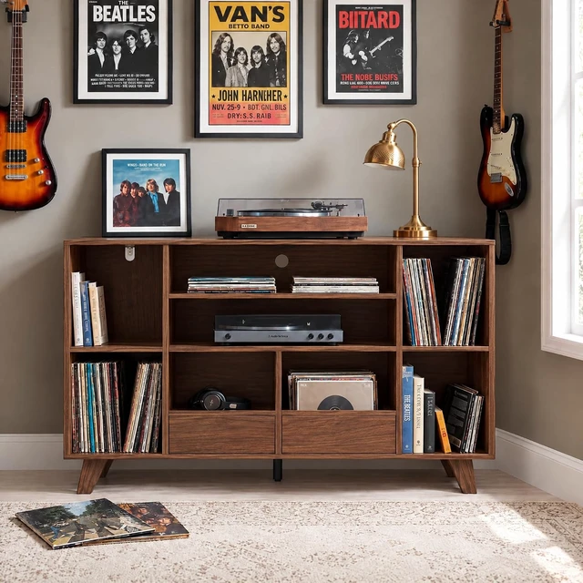 Alt view image 4 of 5 - Record Player Stand with 2 Drawers, 55" Holds 550+ Albums, Large Turntable Stand with Charging Station, Mid Century Modern Record Player Table for Living Room & Entertainment Room - Brown