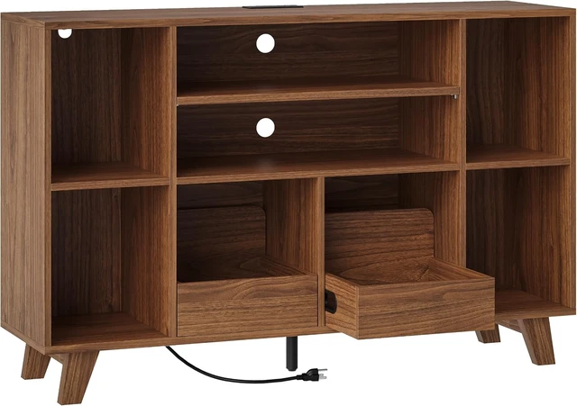 Alt view image 3 of 5 - Record Player Stand with 2 Drawers, 55" Holds 550+ Albums, Large Turntable Stand with Charging Station, Mid Century Modern Record Player Table for Living Room & Entertainment Room - Brown