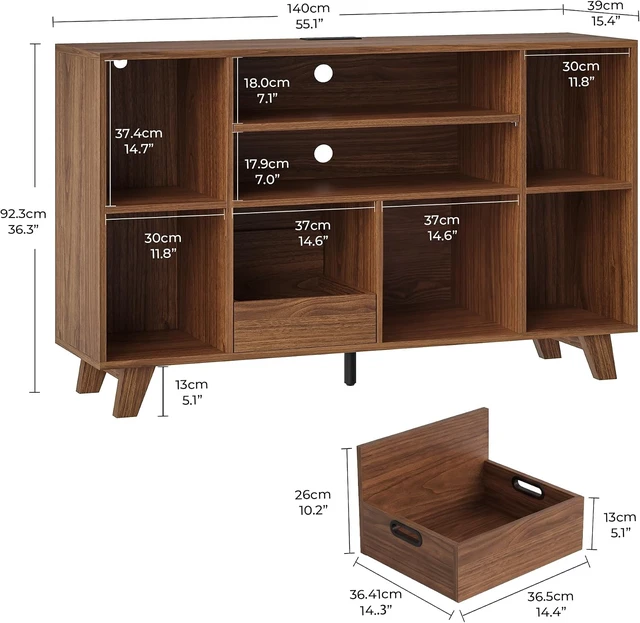 Alt view image 2 of 5 - Record Player Stand with 2 Drawers, 55" Holds 550+ Albums, Large Turntable Stand with Charging Station, Mid Century Modern Record Player Table for Living Room & Entertainment Room - Brown