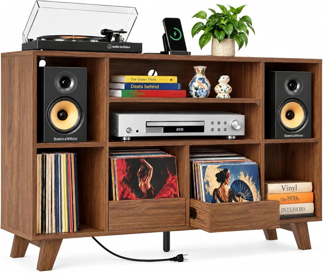 Main image of Record Player Stand with 2 Drawers, 55" Holds 550+ Albums, Large Turntable Stand with Charging Station, Mid Century Modern Record Player Table for Living Room & Entertainment Room - Brown