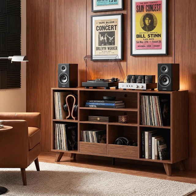 Alt view image 5 of 5 - Record Player Stand with 2 Drawers, 55" Holds 550+ Albums, Large Turntable Stand with Charging Station, Mid Century Modern Record Player Table for Living Room & Entertainment Room - Brown