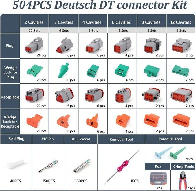 Alt view image 6 of 7 - 504PCS Deutsch Connector Kit with Crimper 2 3 4 6 8 12 Pin DT Connectors with Deutsch Crimp Tool 14-20AWG Pin Removal Tool Size 16 Solid Contacts Automotive Electrical Wire Connectors