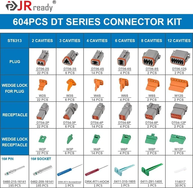 Alt view image 2 of 7 - ST6313 Deutsch DT 2/3/4/6/8/12 Pin Connector Kit, Solid Contacts 604 Pcs, Size 16 Nickel-Plated Tin Bronze Solid Contacts, 14-20 AWG, PA66 Housings, IP67, UL94 V-0, -40°C to 125°C, 13A