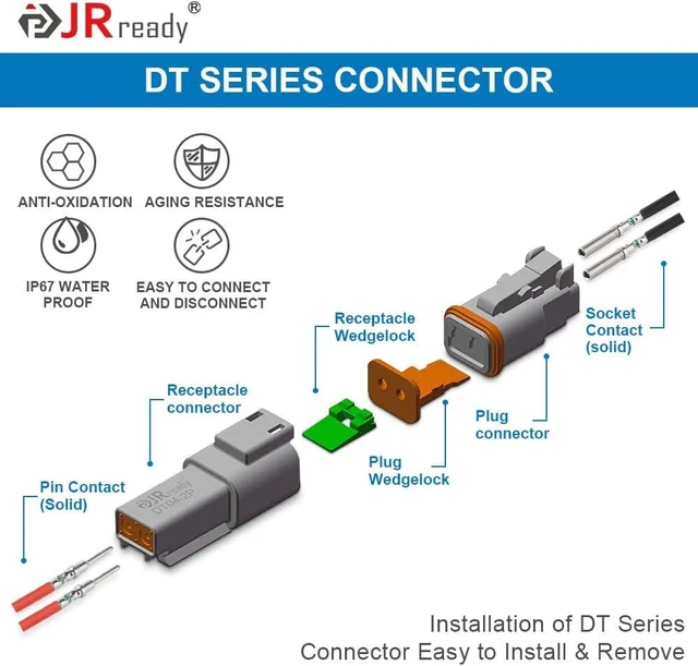 Alt view image 6 of 7 - ST6313 Deutsch DT 2/3/4/6/8/12 Pin Connector Kit, Solid Contacts 604 Pcs, Size 16 Nickel-Plated Tin Bronze Solid Contacts, 14-20 AWG, PA66 Housings, IP67, UL94 V-0, -40°C to 125°C, 13A