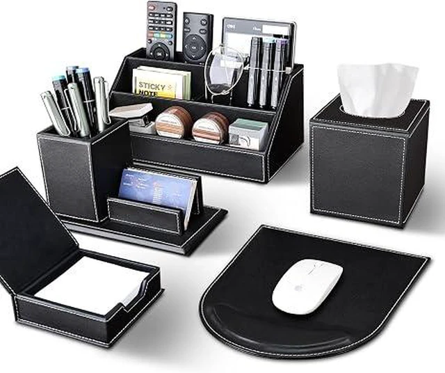 Main image of 5PCS Desk Organizer and Accessories Set, Pu Leather Office Supplies with Multifunction Desktop Organizer Storage Box, Tissue Holder, Mouse Pad, Note Paper Holder, Pencil Holder for Desk Black