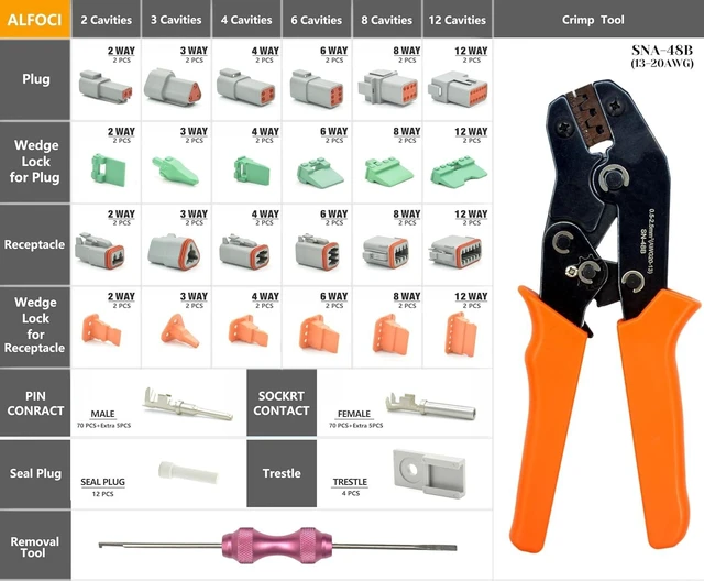 Alt view image 6 of 7 - 217PCS 12 Kits Deutsch DT Connector Kit with Crimper & Terminal Removal Tool - IP68 Waterproof 2 3 4 6 8 12 Pin Automotive Electrical Connectors & Size 16 Stamped Contacts for Car Truck Marine Wiring