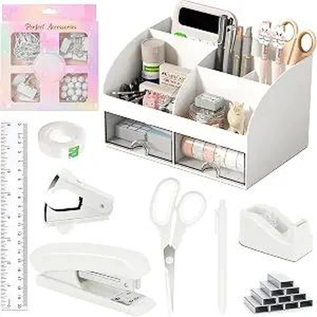 Main image of Desk Accessories with Pen Holder, Office Supplies Desk Organizers and Accessories, Tape Dispenser, Stapler, Staple Remover, Staples, Clips Set, Ruler, Scissor, Pen, Tape (White)