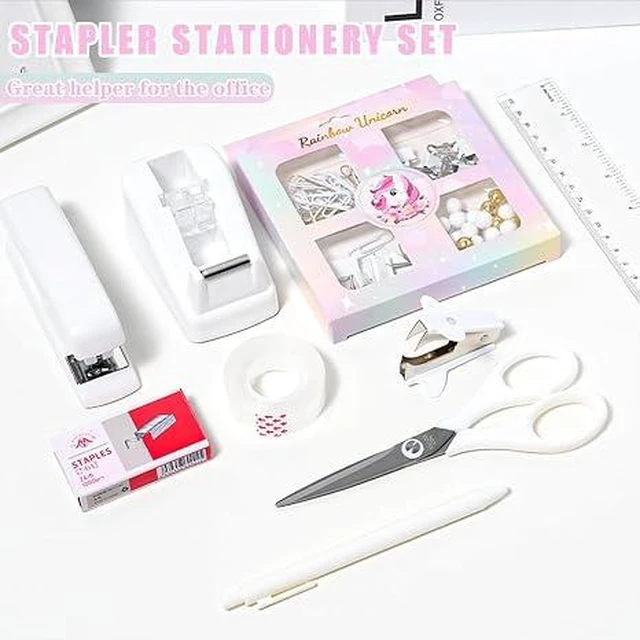 Alt view image 7 of 7 - Desk Accessories with Pen Holder, Office Supplies Desk Organizers and Accessories, Tape Dispenser, Stapler, Staple Remover, Staples, Clips Set, Ruler, Scissor, Pen, Tape (White)