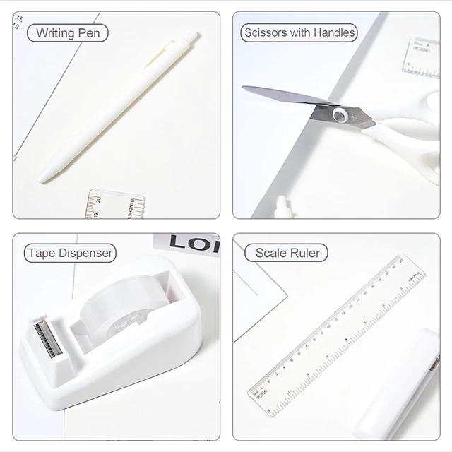 Alt view image 4 of 7 - Desk Accessories with Pen Holder, Office Supplies Desk Organizers and Accessories, Tape Dispenser, Stapler, Staple Remover, Staples, Clips Set, Ruler, Scissor, Pen, Tape (White)
